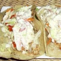 Tilapia Fish Tacos with Red Pepper-Lime Slaw and Blue Cheese Aioli image