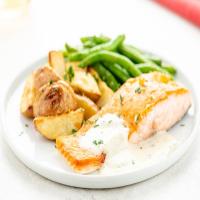 Salmon and Lemon Herb Beurre Blanc with roasted green beans and Parmesan red potatoes_image