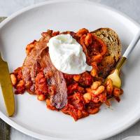 Baked beans on toast with pancetta & poached eggs image