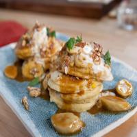 Mexican Corn Pancakes with Whipped Goat Cheese, Piloncilo Caramelized Bananas and Walnuts_image