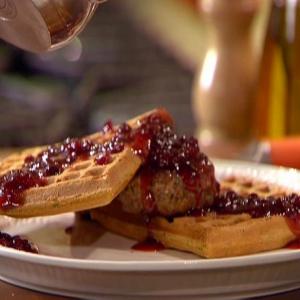 Savory Sour Cream and Chive Waffles with Sausage and Lingonberry Syrup image