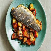 Pan-Fried Sea Bass with Miso, Lemon, and Thyme-Glazed Roasties_image
