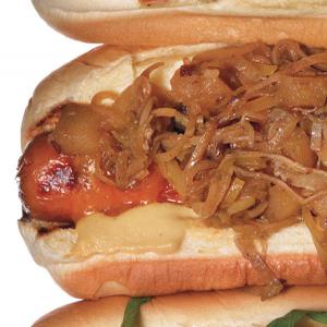 Cheddar Dogs with Cider-Braised Leeks and Apples Recipe | Epicurious.com_image