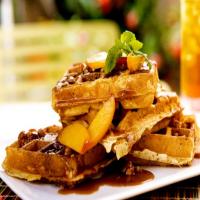 Sour Cream Waffles with Fresh Peaches and Toasted Pecan Praline Sauce_image