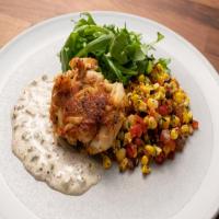 Crab Cakes with Creole Mustard Aioli and Grilled Corn, Red Onion & Red Pepper Salad image