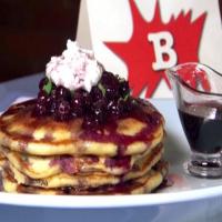 Lemon-Blueberry-Ricotta-Buttermilk Pancakes with Blueberry-Cassis Relish and Blueberry Maple Syrup image