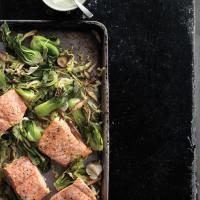 Wasabi Salmon With Bok Choy, Green Cabbage, and Shiitakes image