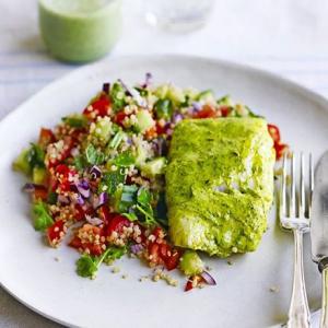 Spiced cod with quinoa salad & mint chutney image