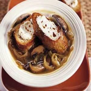Caramelized Onion and Portobello Mushroom Soup with Goat Cheese Croutons_image