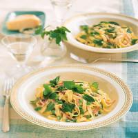 Fettuccine with Mint, Peas, Ham, and Cream image