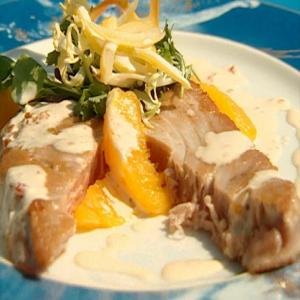 Grilled Tuna and Orange Salad with Candied Lemon and Mixed Baby Greens with Chili Aioli and Herb Tuile_image