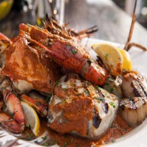 Grilled Cioppino with Fire-Roasted Tomato and Vegetable Puree_image