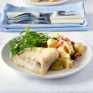 Grilled fish with new potato, red pepper & olive salad image