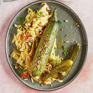 Slow-roasted courgettes with fennel & orzo image