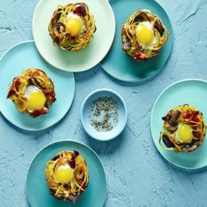Ham & mushroom potato nests with fried quail's eggs image