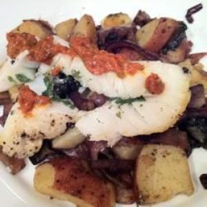 Slashed Sea Bass with Red Onions, Mushrooms, and New Potatoes image