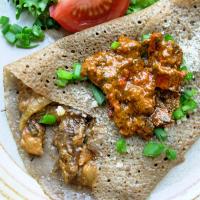 Scallion Wild Rice Crepes, Mushroom Filled W/ Red Pepper Sauce_image