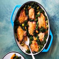 Crispy Chicken Thighs with Kale, Apricots, and Olives image
