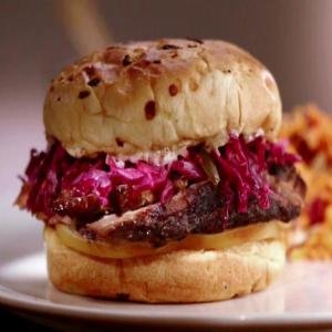 Jewish Brisket Sandwich with Smoked Mozzarella and Red Cabbage Slaw_image