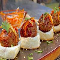 Asian Chicken Meatball Sliders with Pickled Carrot and Daikon image