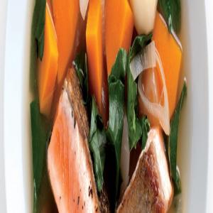 Seared Salmon with Winter Vegetables and Kombu Broth image