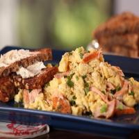 Smoked Salmon and Scallion Scramble with Whole Grain Toast with Goat Cheese Butter_image