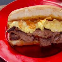 Beef Brisket Grinder with 3 Peppercorn Glaze, Steak Sauce Mayo, and Cheddar-Scrambled Eggs_image