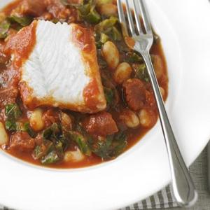 White fish with spicy beans and chorizo image