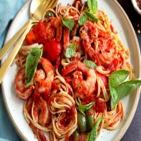 Linguine With Sautéed Shrimp, Tomatoes and Peppers image