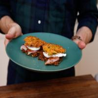 Sweet Potato-Green Onion Pancakes with Poached Eggs, Holiday Ham and Pepper Jam_image