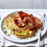 Buttermilk corn pancakes with bacon & maple syrup image