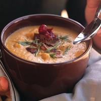 Smoked Turkey and Bacon Chowder with Pumpernickel and Cranberry Croutons image