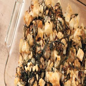 Rustic Bread Stuffing with Red Mustard Greens, Currants, and Pine Nuts_image
