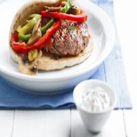 Pan-Seared Pork Burgers with Peppers and Mushrooms_image