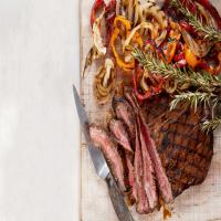 Grilled Balsamic Flank Steak With Peppers and Onions image