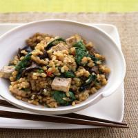 Brown Rice with Tofu, Dried Mushrooms, and Baby Spinach image