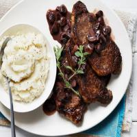 Strip Steak with Red Wine Mushroom Sauce and Mustard Smashed Potatoes image
