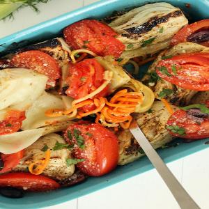 Roasted Sweet Potato and Yam Noodles with Fennel, Charred Tomatoes, Olives and Pecorino_image