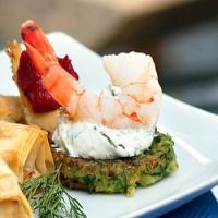 Shrimp with Zucchini Fritters and Grape-Leaf Spread_image