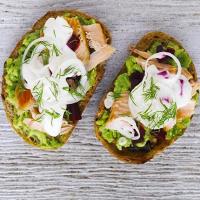 Hot-smoked salmon & avocado open sandwiches image