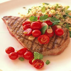 Grilled Tuna with Cherry-Tomato Salad and Herbed Bulghur image