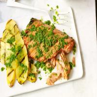 Grilled Wild Salmon with Garlic Scape Pesto and Summer Squash_image