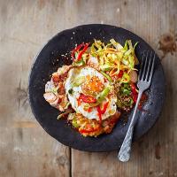 Korean fishcakes with fried eggs & spicy salsa image