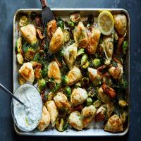 Sheet-Pan Pierogies With Brussels Sprouts and Kimchi image