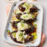 Roast aubergines with almond tarator, feta, dill & green chilli image