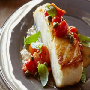 Halibut with Pepitas, Capers, Cherry Tomatoes, and Basil_image