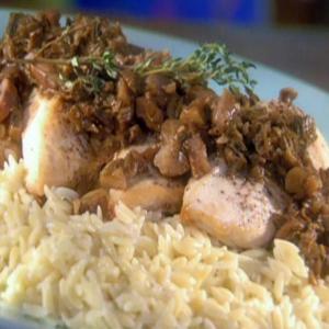 Pan-Seared Chicken with Porcini-Chestnut Sauce with Steamed Spinach and Orzo image