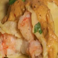 Shrimp and Salt Cod Ravioli with Yellow Pepper Romesco Sauce_image