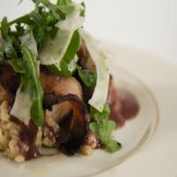 Crispy Bacon-Wrapped Chicken with Three Cheese Creamy Risotto and Arugula Fennel Salad image