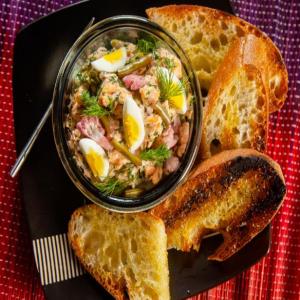 Smoked Trout Dip with Pickled Veggies and Quail Eggs image